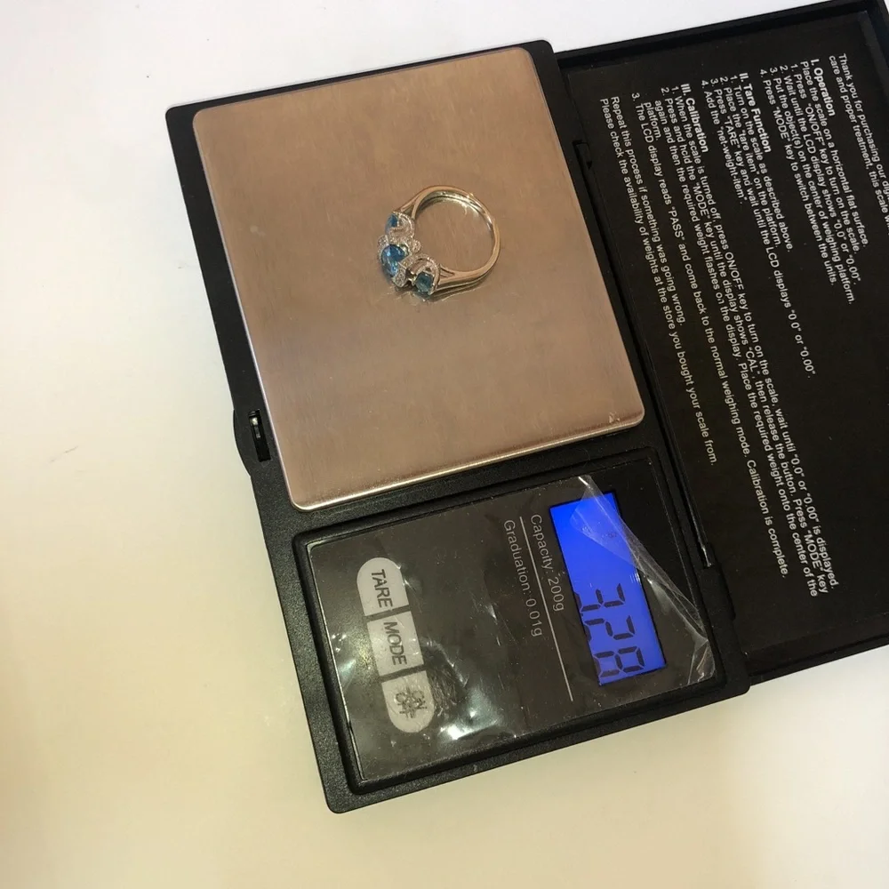 Solid Stamped 14K White Gold Oval Trio Natural Blue Topaz Diamond Ring